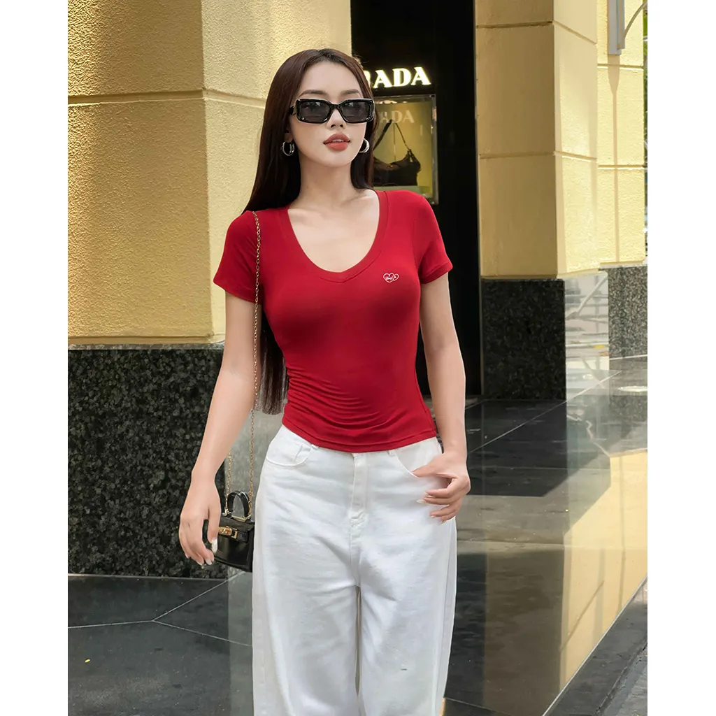 Áo thun cổ tim form ôm Miucho vải visco thoáng mát co giãn tôn dáng dễ phối đồ in mix 2727_thumbnail_3