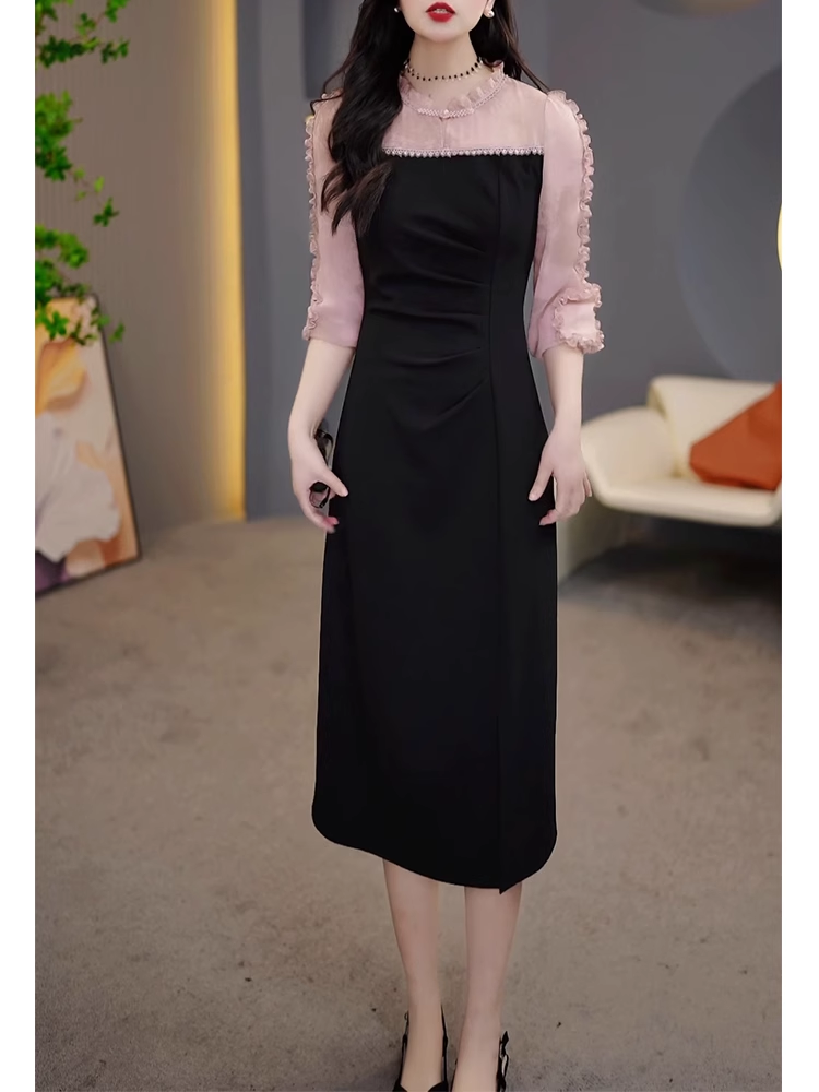 16473-Đầm suông xẻ tà phối tay voan hồng cổ kết nút tàu ( thun  poly 2 da, voan)_thumbnail_2