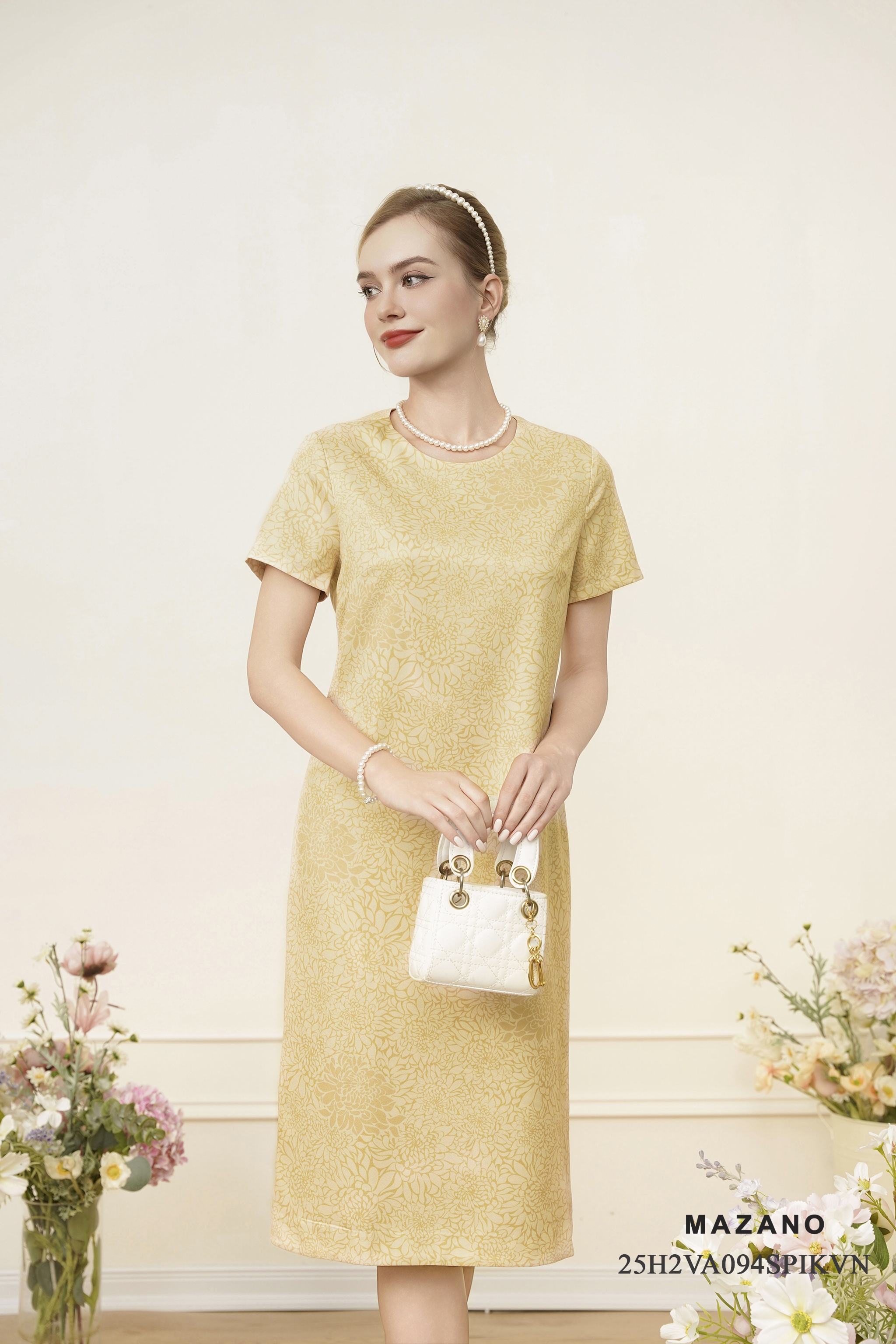 Váy Đầm Suông Vải thô sạn Hoạ tiết hoa in chìm cách điệu Cổ tròn Tay ngắn Dài trên bắp chân_thumbnail_2