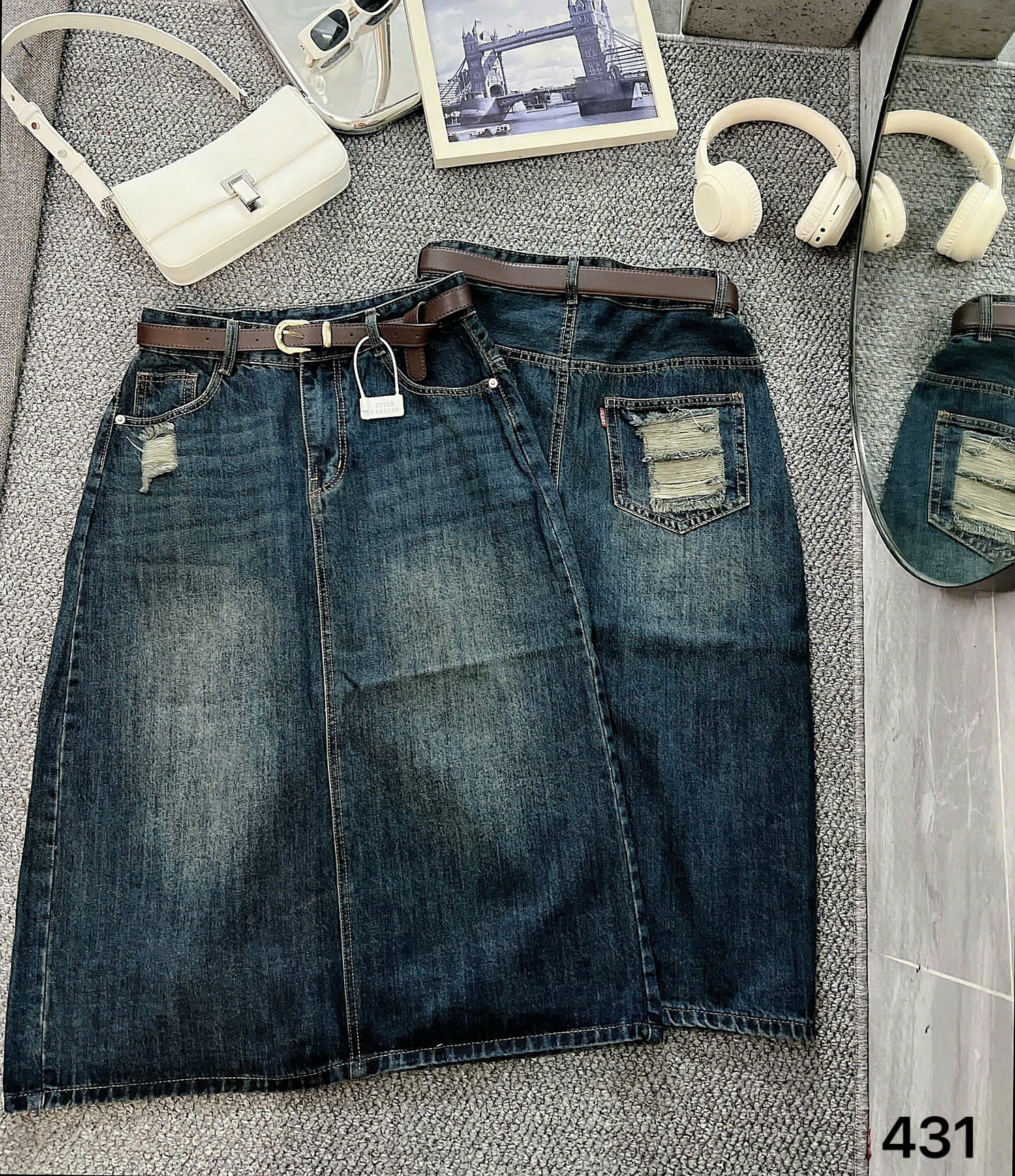 Chân váy jean dáng dài xẻ tà rách kiểu JV431 dành cho nàng béo mập từ 55-90kg