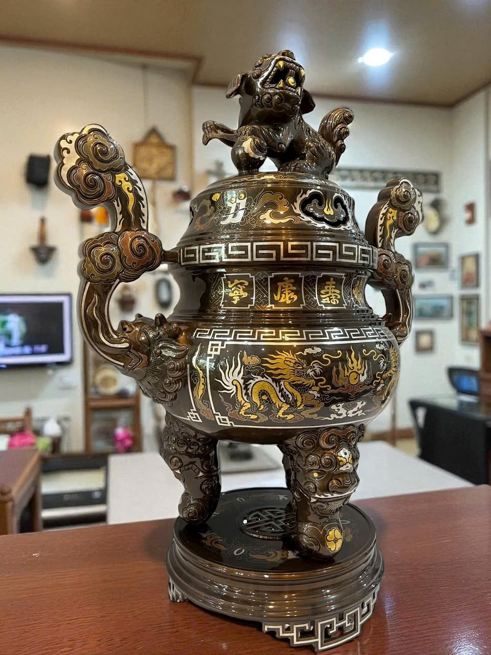 Bộ đồ thờ ngũ sự cao 70cm khảm ngũ sắc kỹ đúc đồng đỏ _thumbnail_3