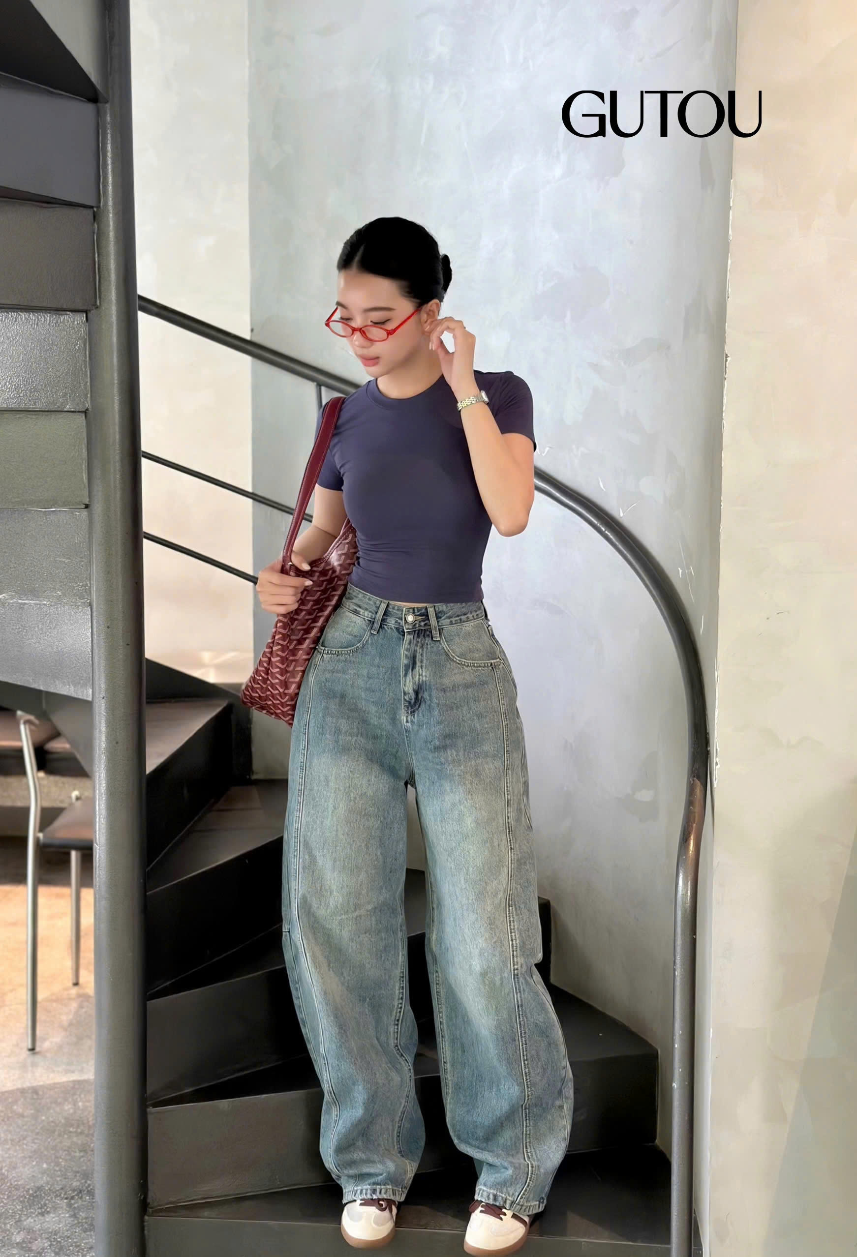 [ GUTOU ] Quần Jean Baggy In Túi Sau Old School