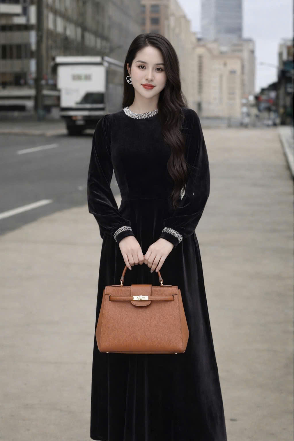 Đầm xòe nhung đen phối cổ DL370