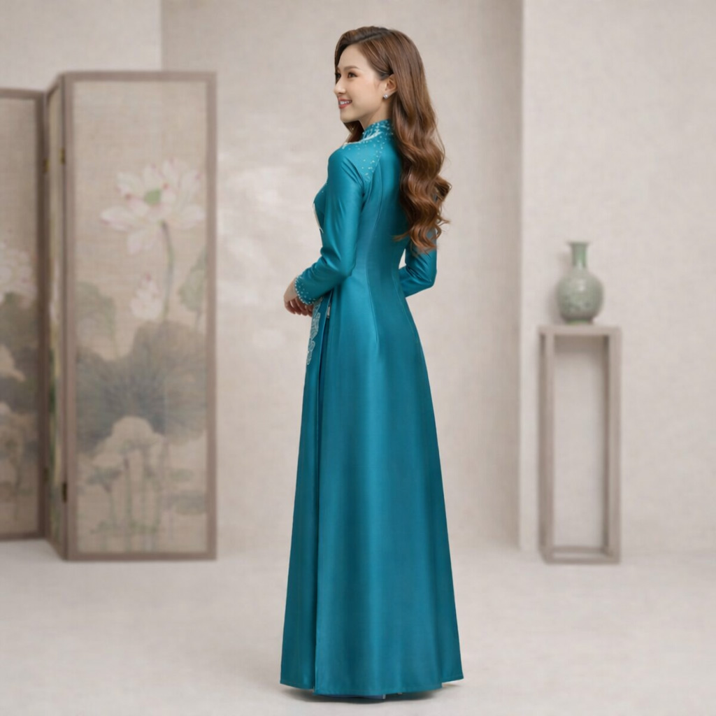 Áo Dài Mẹ Cô Dâu Chú Rể Thêu Hạc Hoa Sen Sang Trọng Chất Liệu Ruby Cao Cấp AM26-13