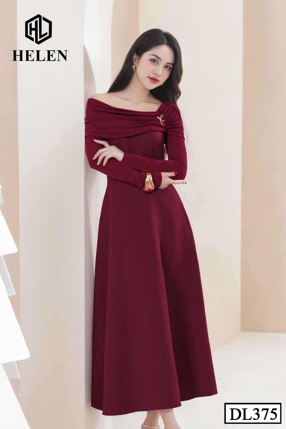 (Pre-order) Đầm liền phối len xòe đỏ mận cổ cách điệu DL375