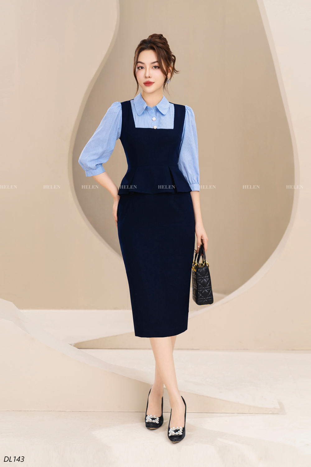 Đầm ôm peplum xanh than phối kẻ cổ đức DL143_thumbnail_2