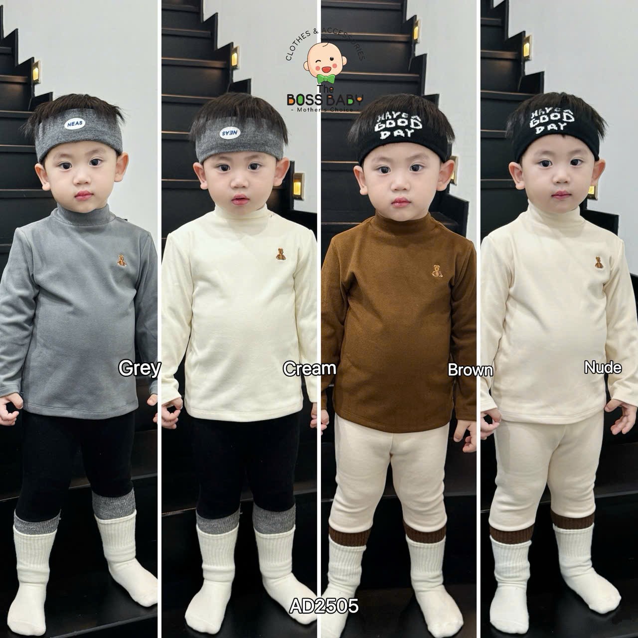 Áo nỉ ép bông giữ nhiệt cao cổ trơn thêu gấu