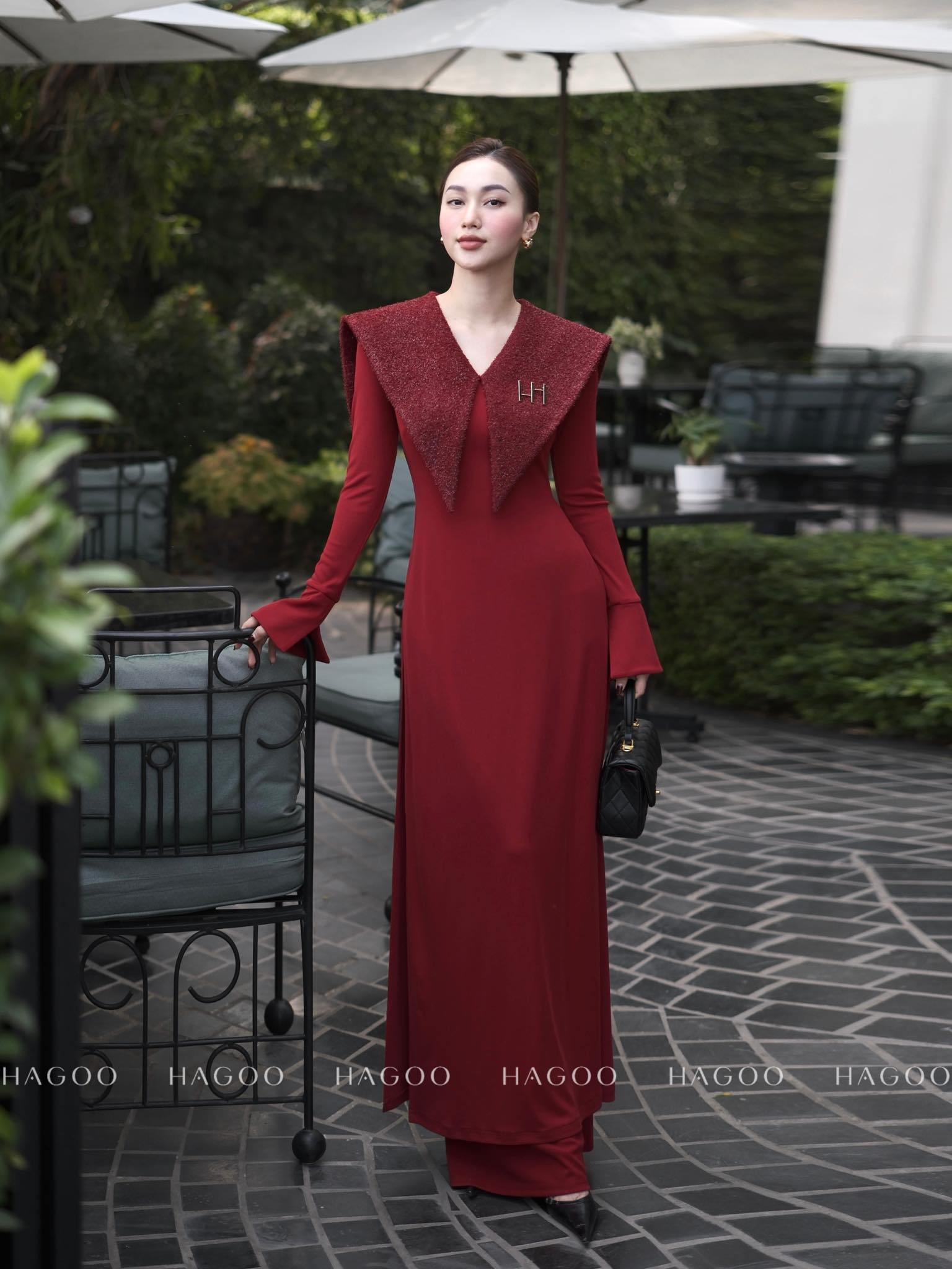 Set áo dài cổ V phối dạ tweet