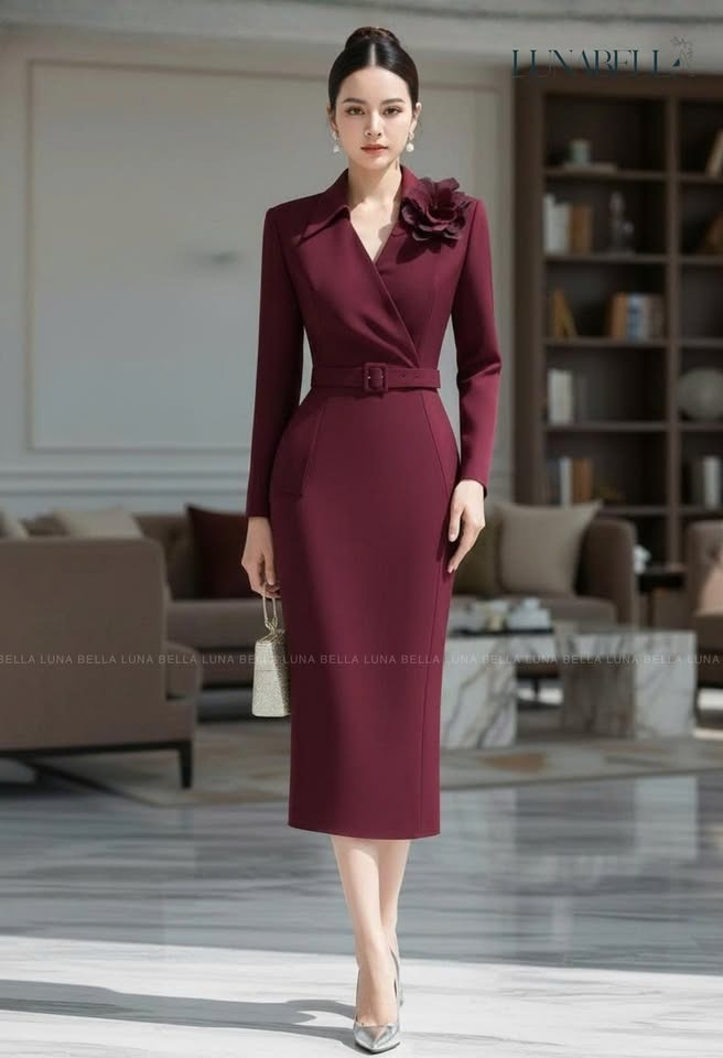 Đầm liền dài tay VIVIE màu ĐỎ