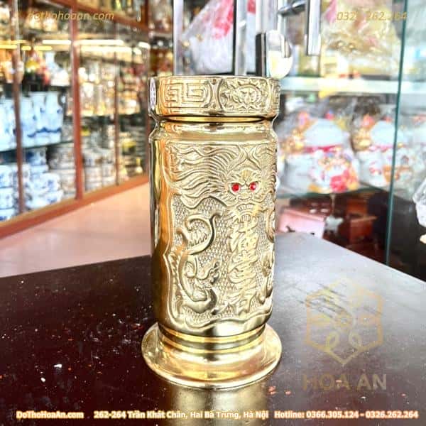 Ống Đựng Hương Đồng Vàng Khắc Nổi Rồng2