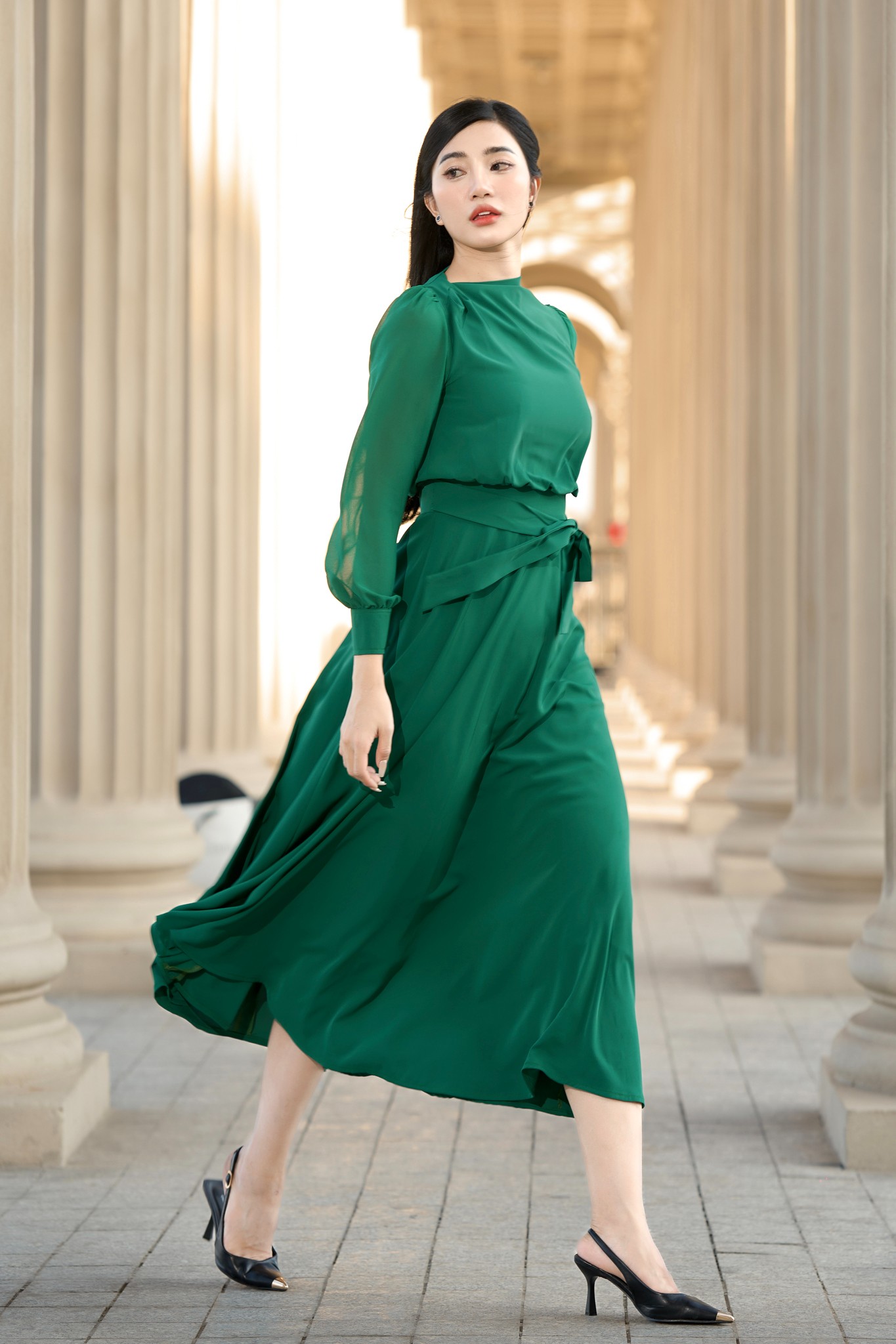 Đầm Hebe dài tay thắt nơ màu xanh_thumbnail_0