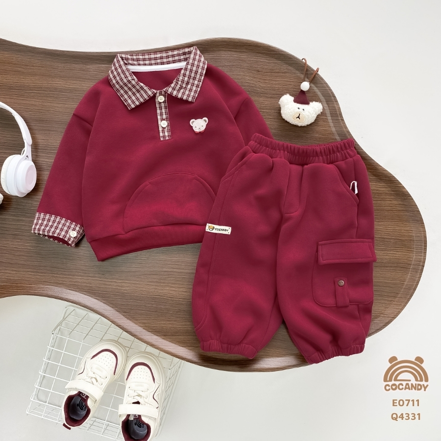 Áo dài nỉ ĐỎ phối cổ caro nâu_thumbnail_1