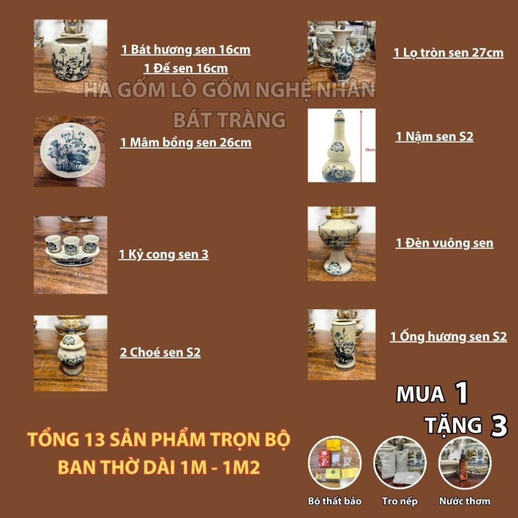 HG020 Đồ Thờ Cúng Bộ 13 món ban thờ 1M - 1M2 men rạn trơn nghệ nhân Bát Tràng chế tác TẶNG Thất Bảo, Tro Nếp_thumbnail_1