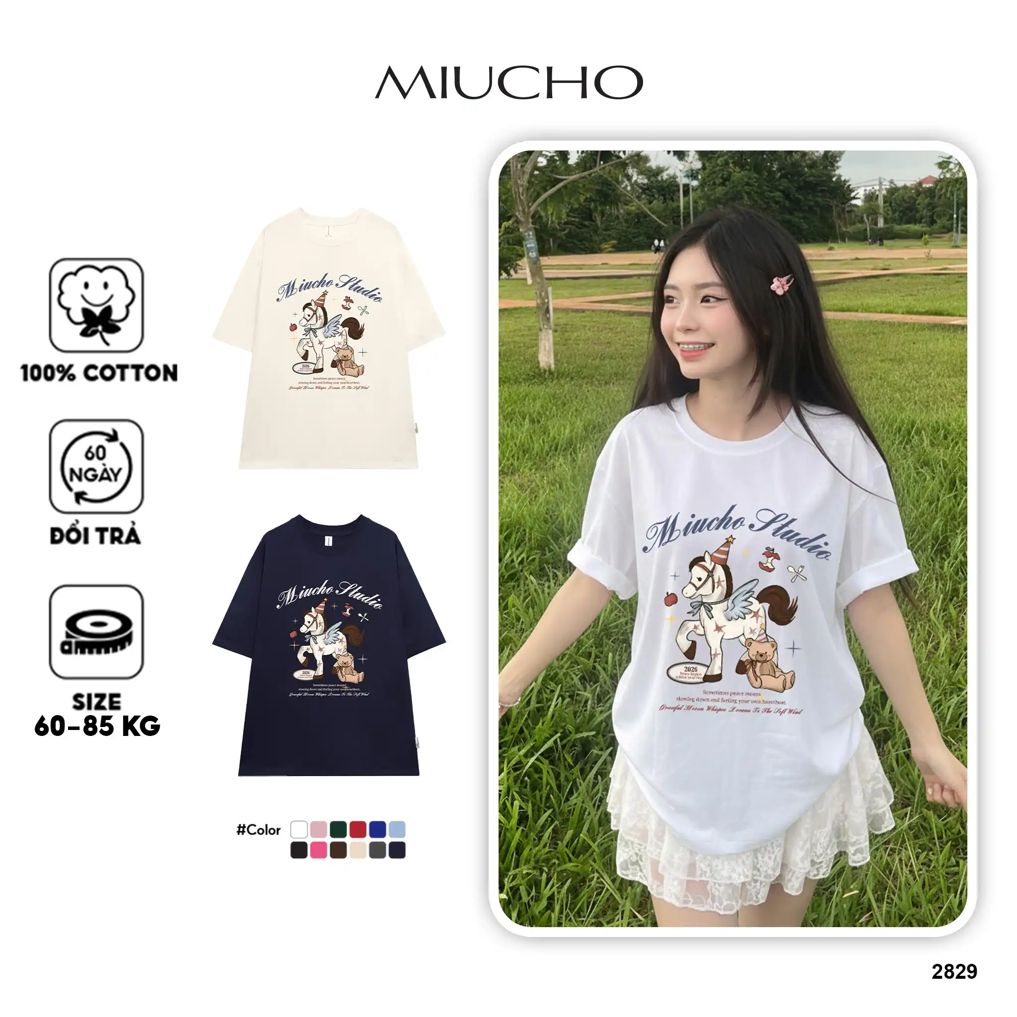 Áo thun nữ form rộng Miucho chất vải cao cấp dày dặn thoáng mát Thiên Mã in mix 2829