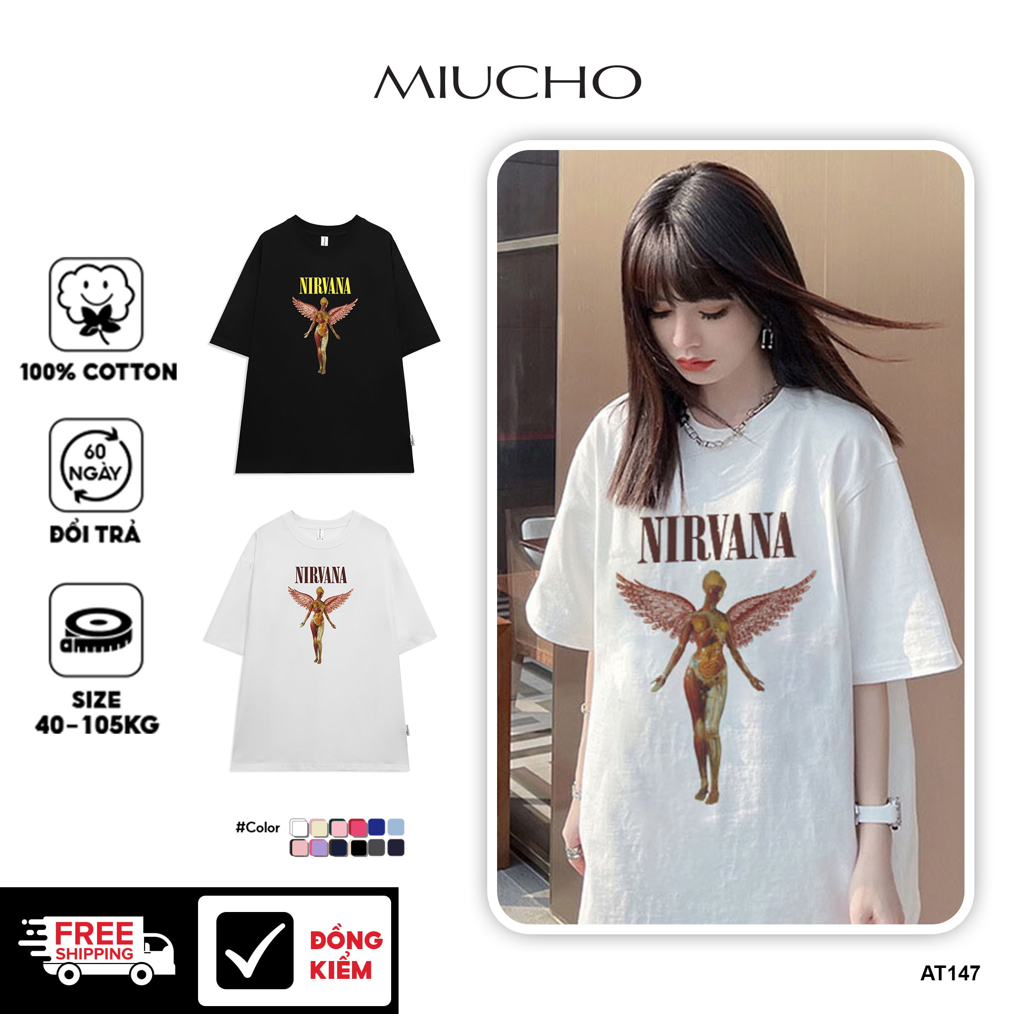 Áo thun nirvana form rộng đẹp tay lỡ oversize, áo thun nirvana form rộng tay lỡ hàn quốc cotton AT147 Miucho in logo