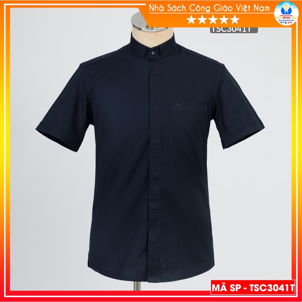 Áo Sơ Mi cổ côn linh mục ngắn tay cao cấp màu đen TSC3041T - Quà tặng  Lễ quan thầy, truyền chức, sinh nhật cha xứ