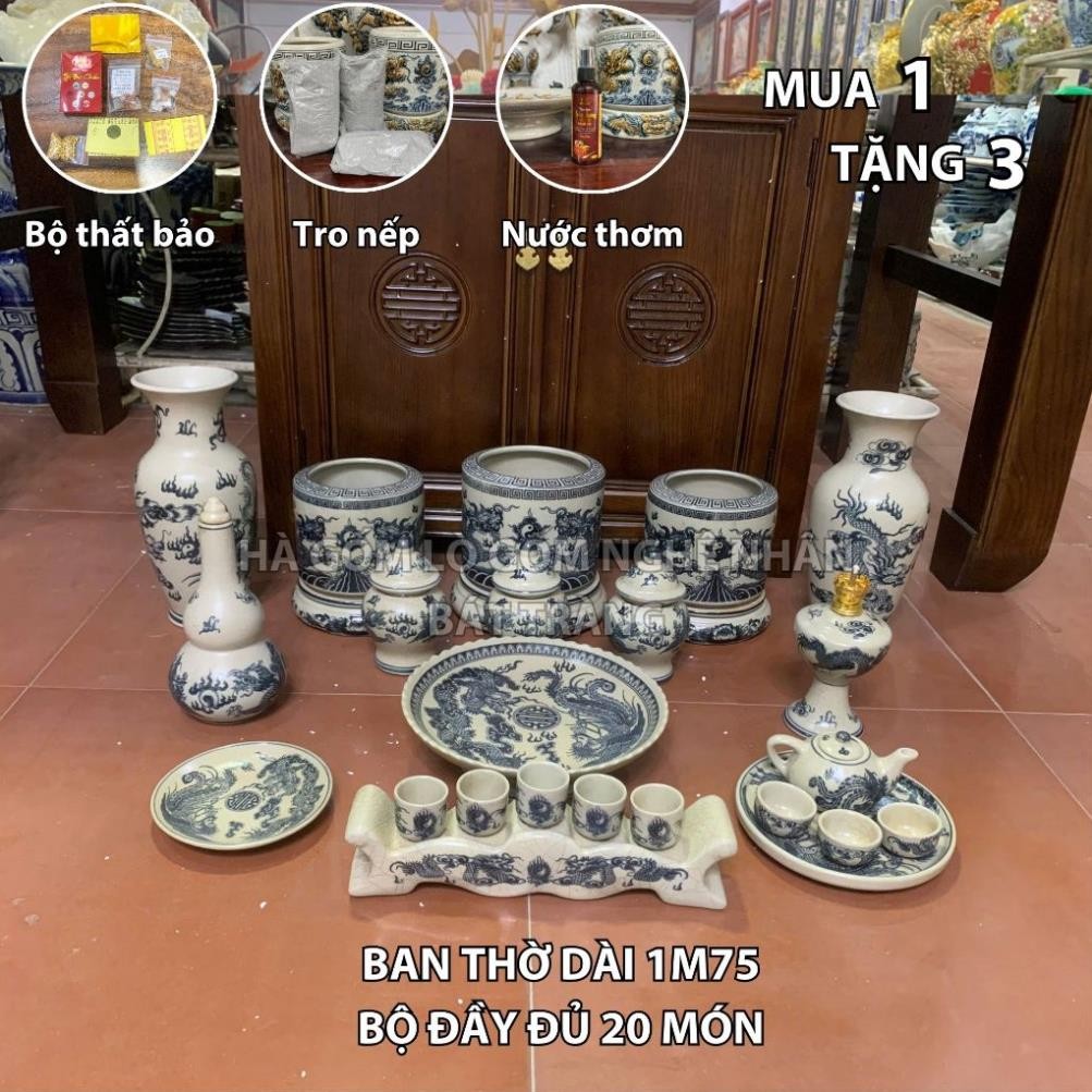 HG128 Đồ Thờ Cúng Bộ 20 món ban thờ 1M75 men rạn trơn nghệ nhân Bát Tràng chế tác TẶNG Thất Bảo, Tro Nếp