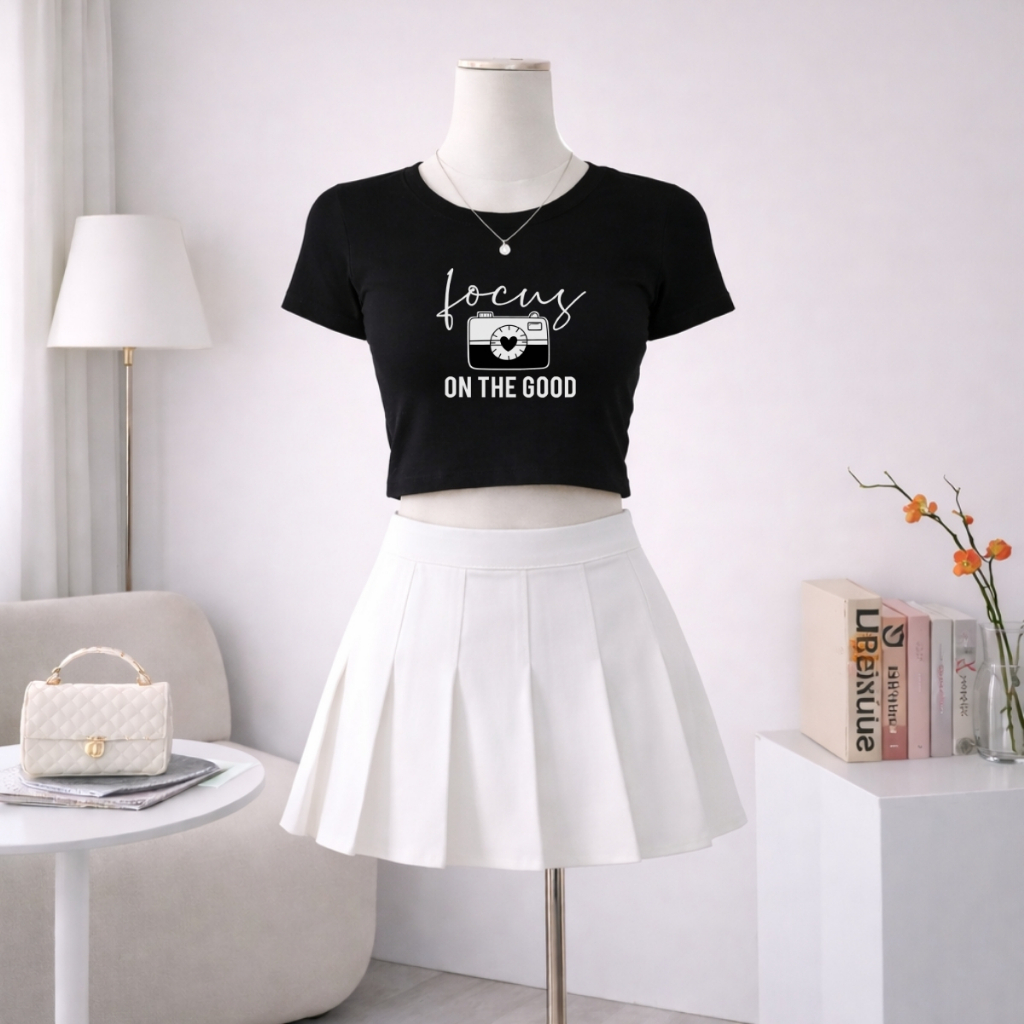 Áo croptop nữ hình máy ảnh chữ focus on the good dáng ôm chất thun cotton local brand WETEE - WC1160
