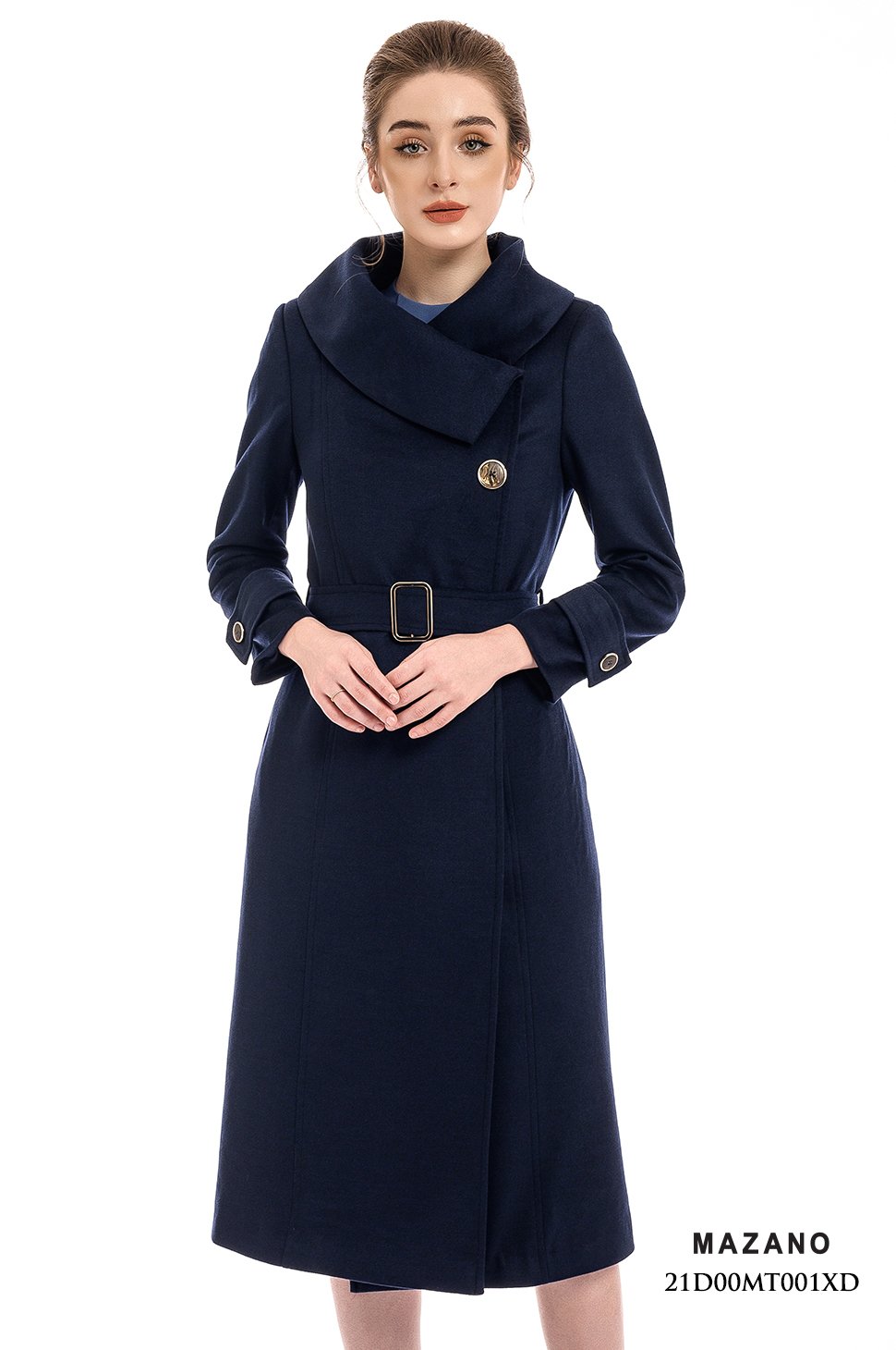 Măng tô xanh than cổ cao thắt đai