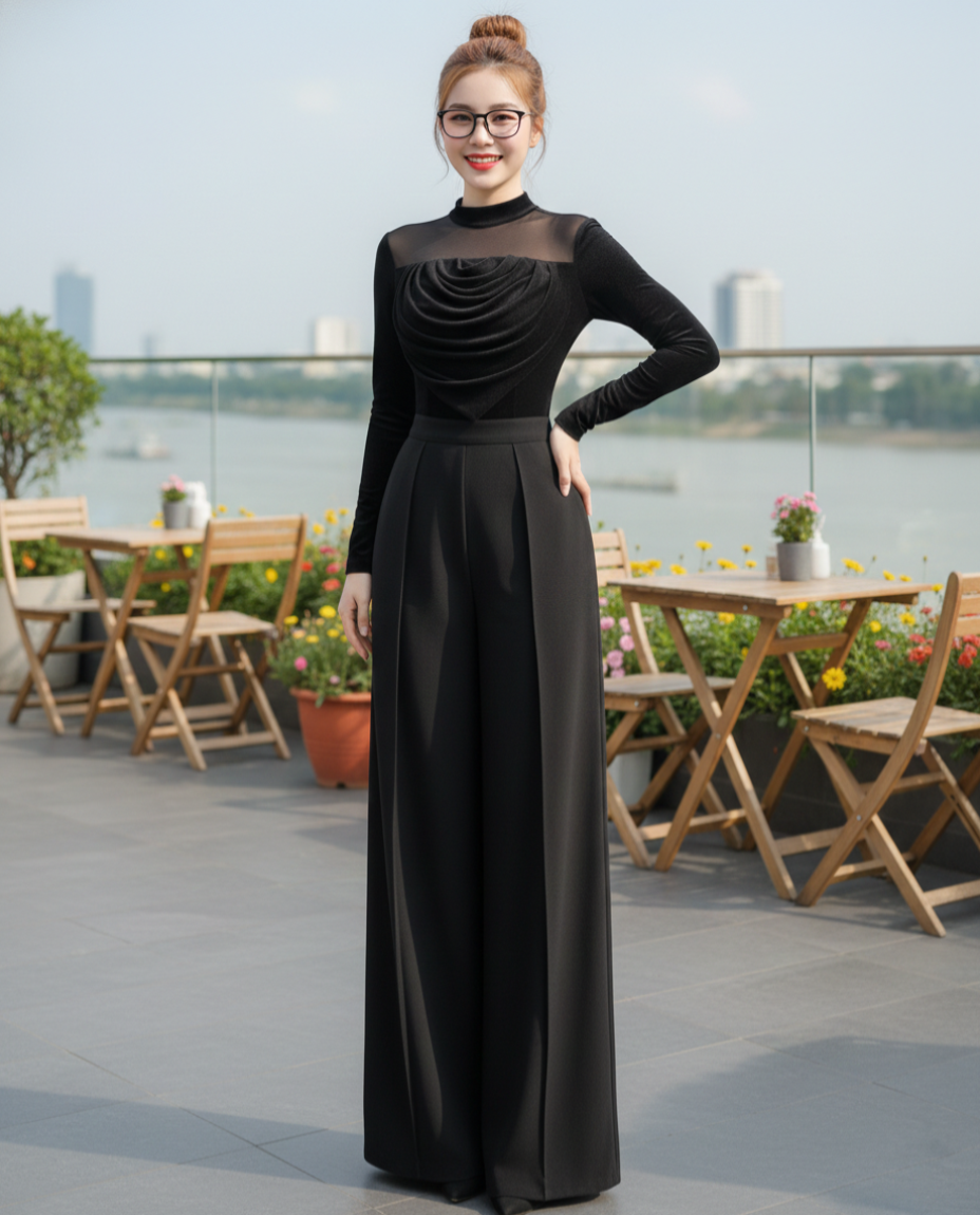 Set bộ áo tay dài phối quần dài phong cách sang trọng