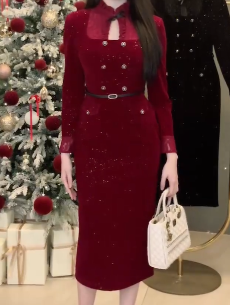 Đầm Bút Chì Nhung Phối Ren Đai Eo_thumbnail_1