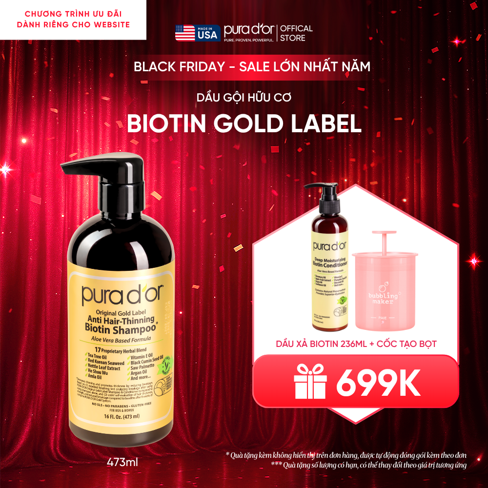 Dầu Gội Biotin Pura D'or Original Gold Label Chăm Sóc Da Đầu, Giảm Rụng Tóc, Hỗ Trợ Mọc Tóc 473ml