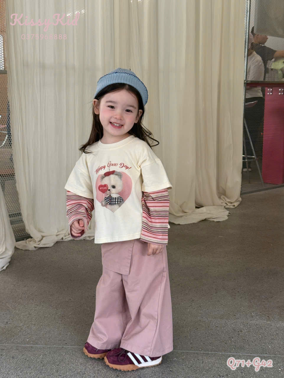 (G42) Áo thun tay kẻ đỏ họa tiết trái tim gấu opao