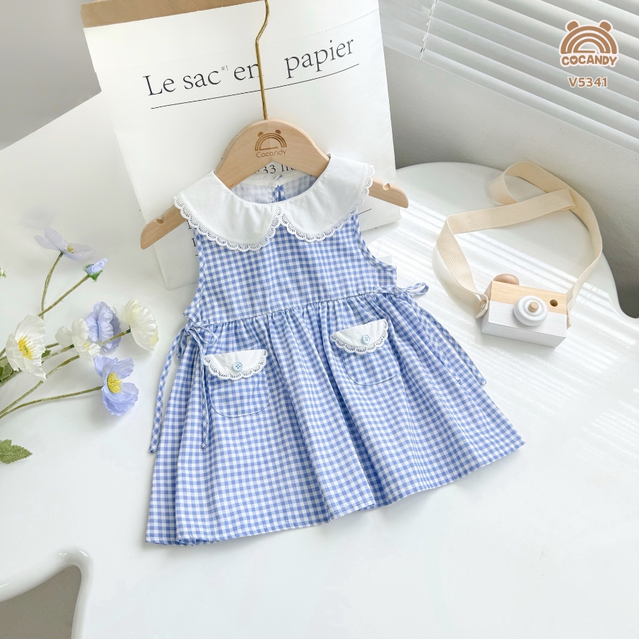 Váy cộc caro XANH sát nách cổ sen phối ren_thumbnail_1