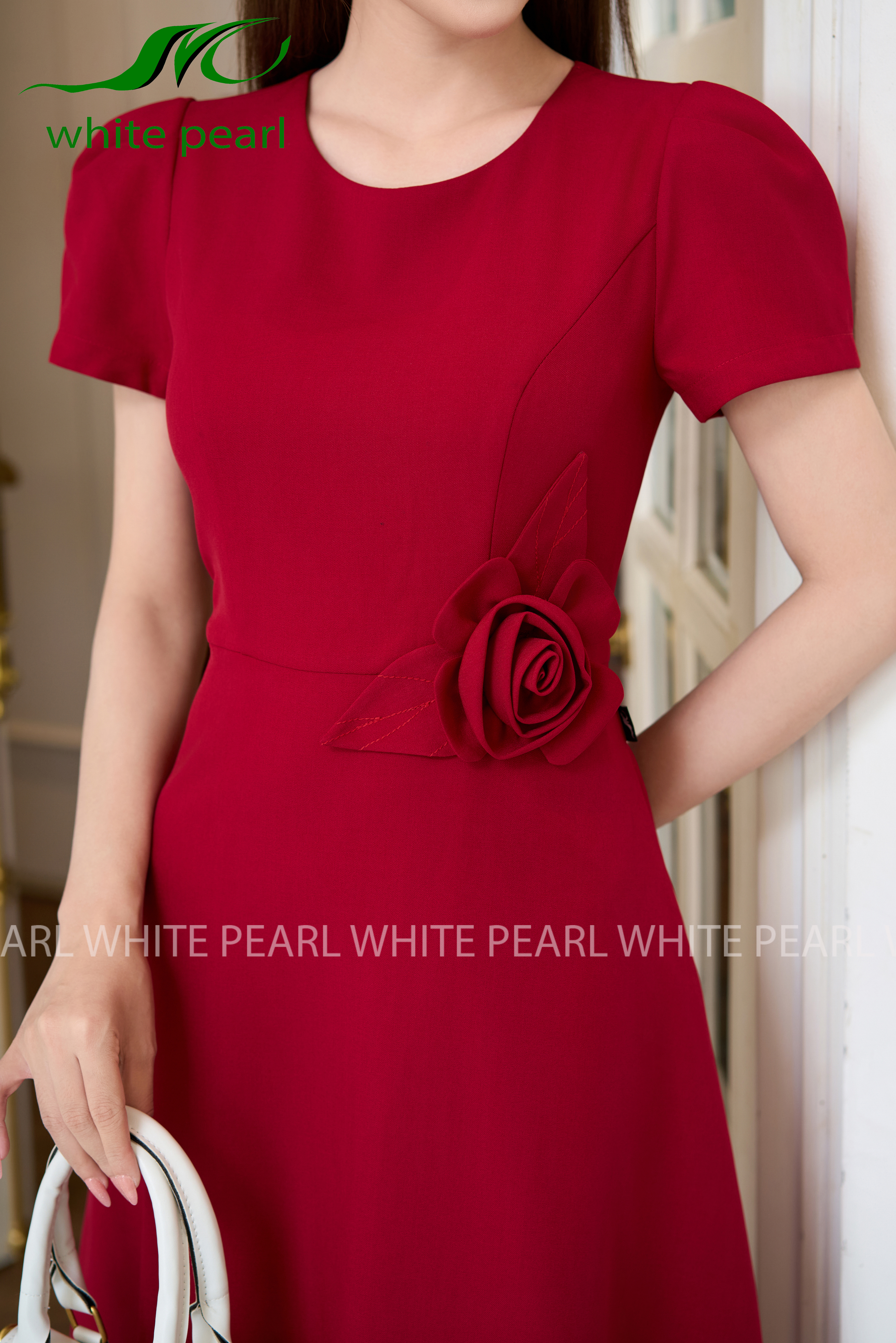 Đầm eo đính hoa D2408 Màu Đỏ thời trang công sở cao cấp White Pearl_thumbnail_4
