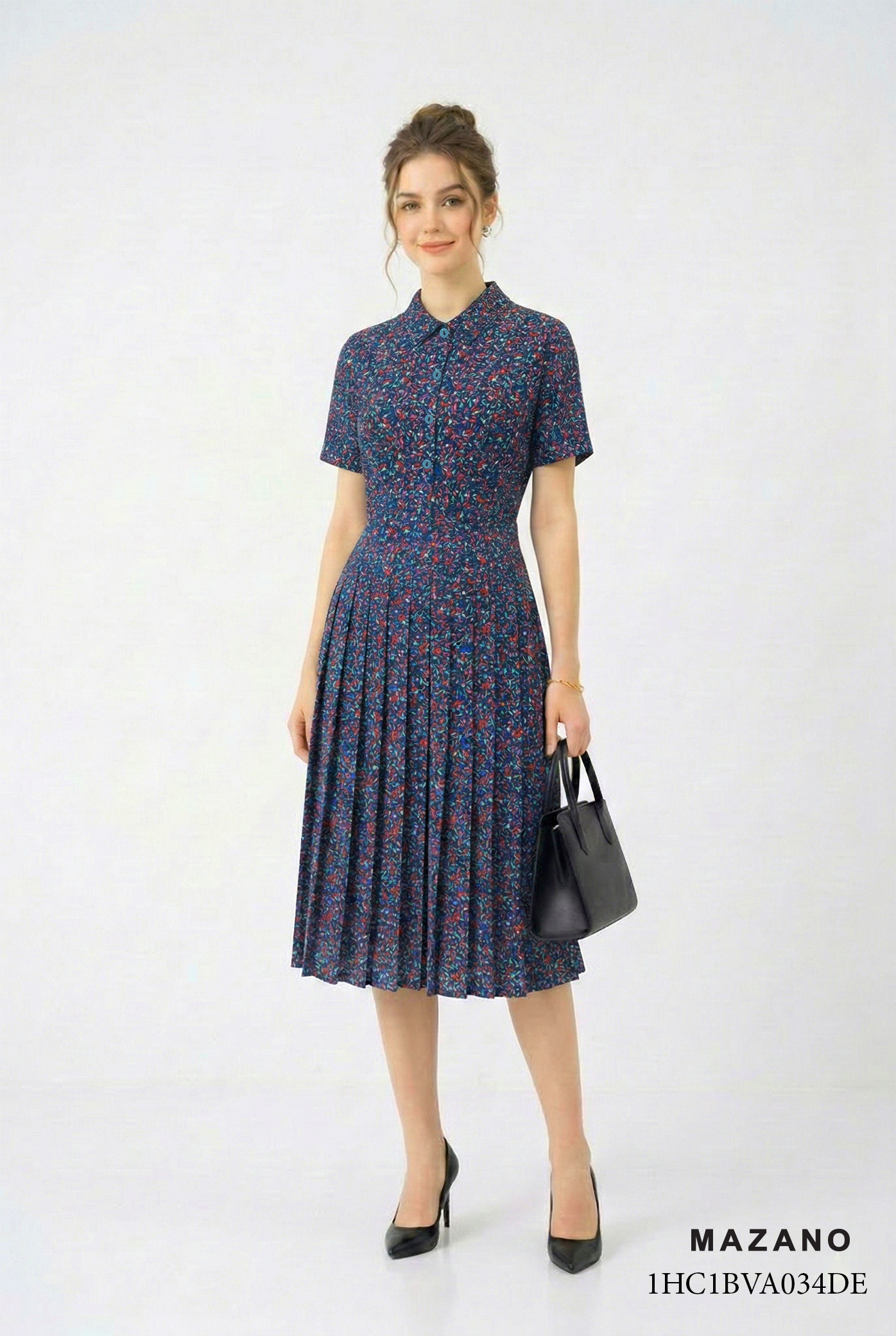 Đầm vải voan dày in hoa nhí xanh dáng ôm chân xếp ly cổ sơ mi tay ngắn thiết kế MAZANO