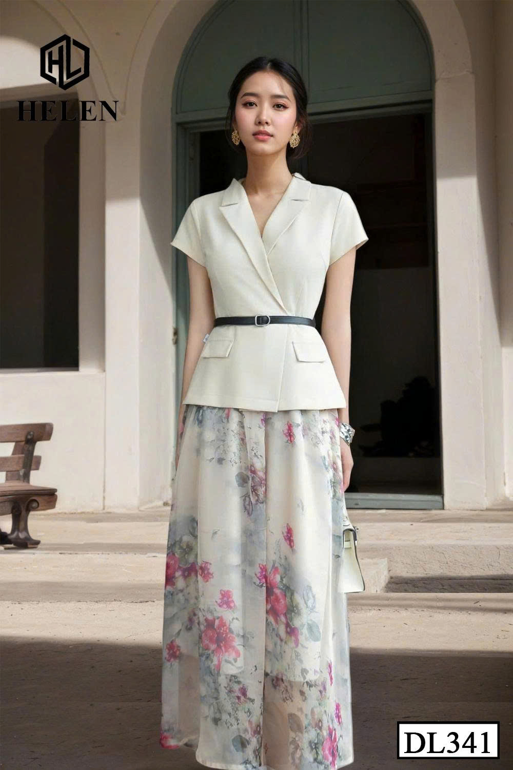 Đầm xòe cổ vest kem phối chân họa DL341_thumbnail_2