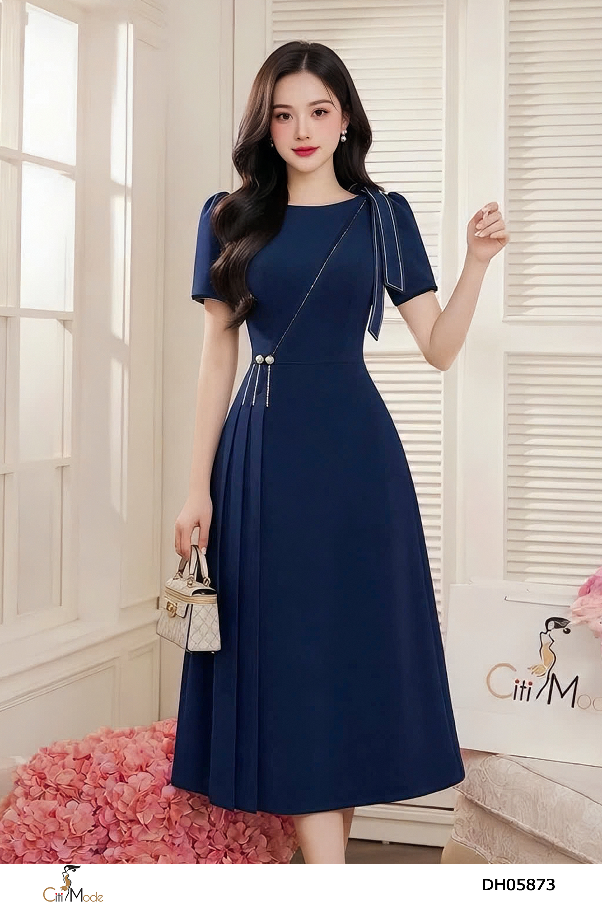 Đầm xòe tím than tay cọc nơ vai