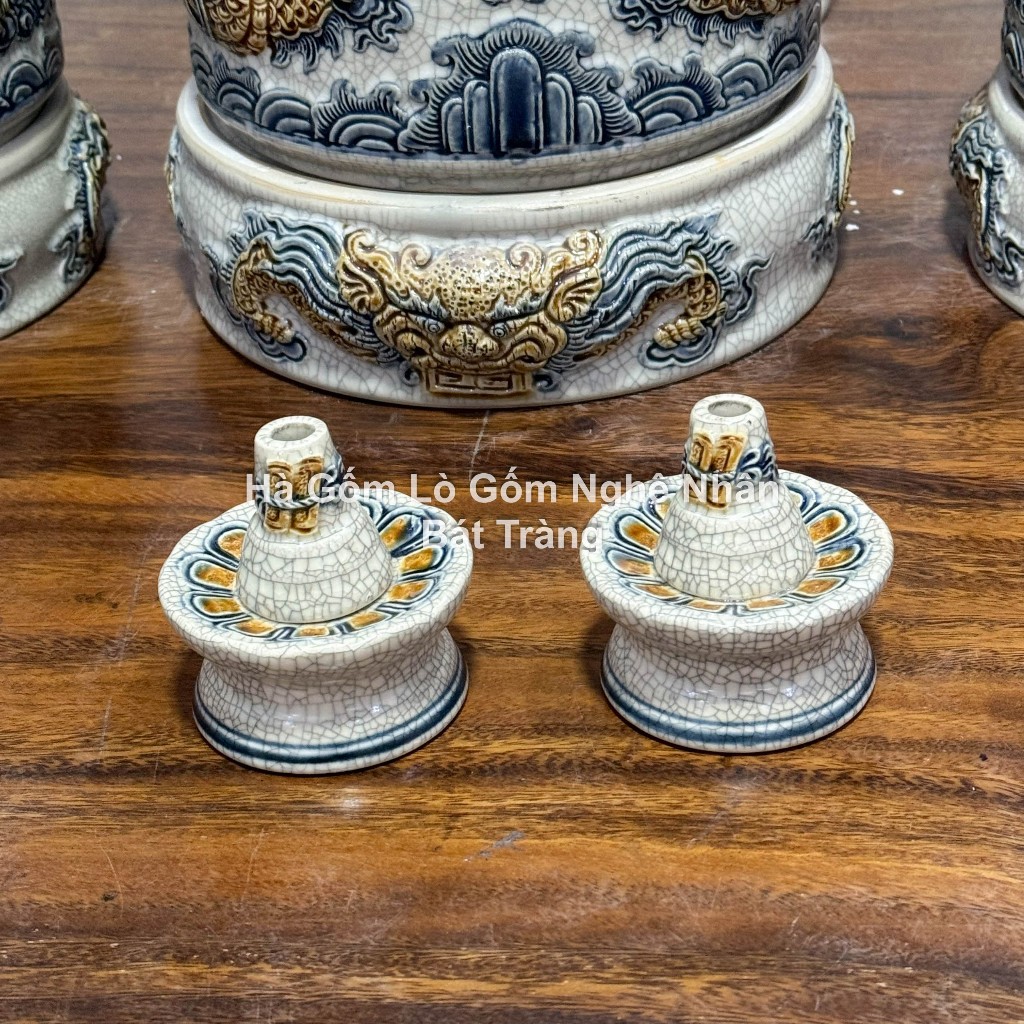 Chân/ đế cắm thuốc lá ban thần tài, ban gia tiên Thờ Cúng Men Rạn Rồng Hoa Sen nghệ nhân Bát Tràng_thumbnail_1