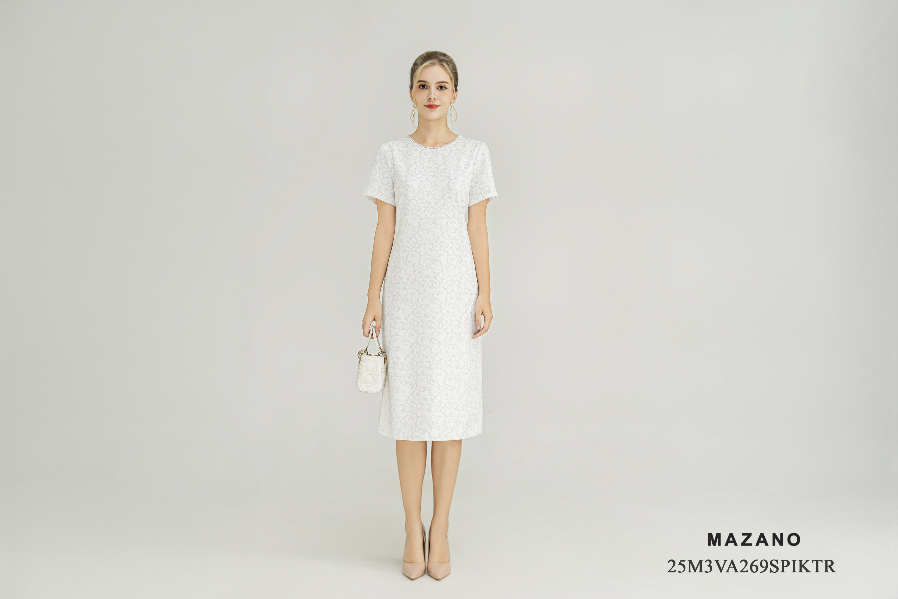 Váy Đầm Suông Vải thô chun Hoạ tiết hoa ren in chìm Cổ tròn viền ngọc trai Tay ngắn Dài qua bắp chân