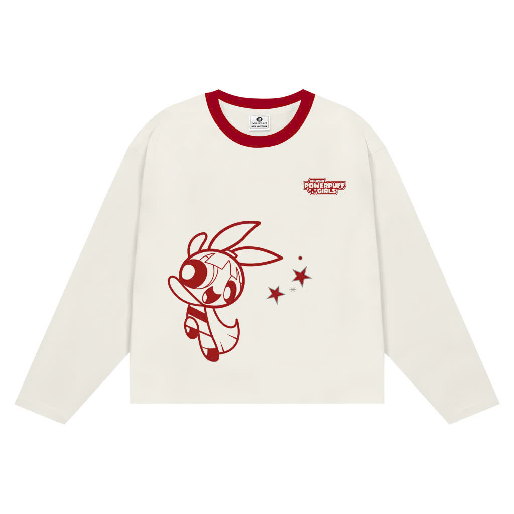 Áo thun boxy tay dài Miucho chất vải thoáng mát giữ form Powerpuff Girl be phối đỏ 2816_thumbnail_0