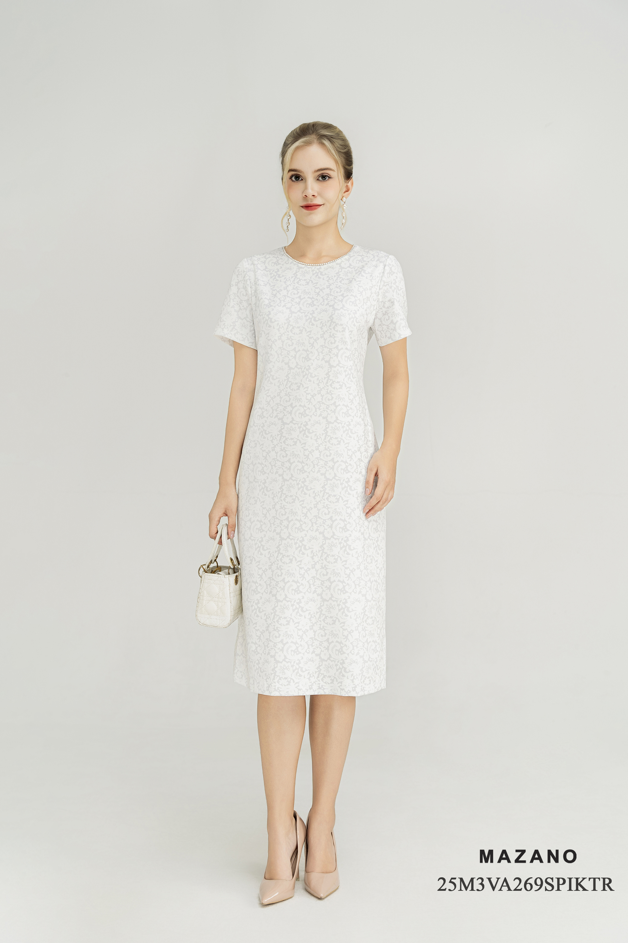 Váy Đầm Suông Vải thô chun Hoạ tiết hoa ren in chìm Cổ tròn viền ngọc trai Tay ngắn Dài qua bắp chân