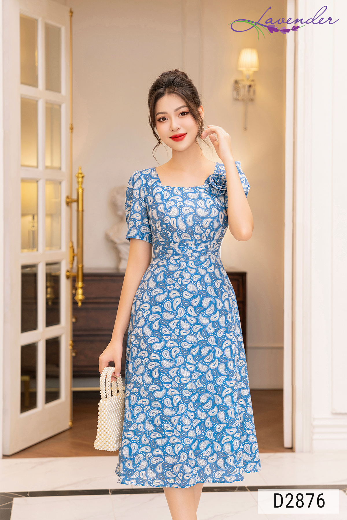 Đầm xòe công sở Thời trang Lavender xanh họa tiết lông vũ cổ vuông đính hoa D2876_thumbnail_1