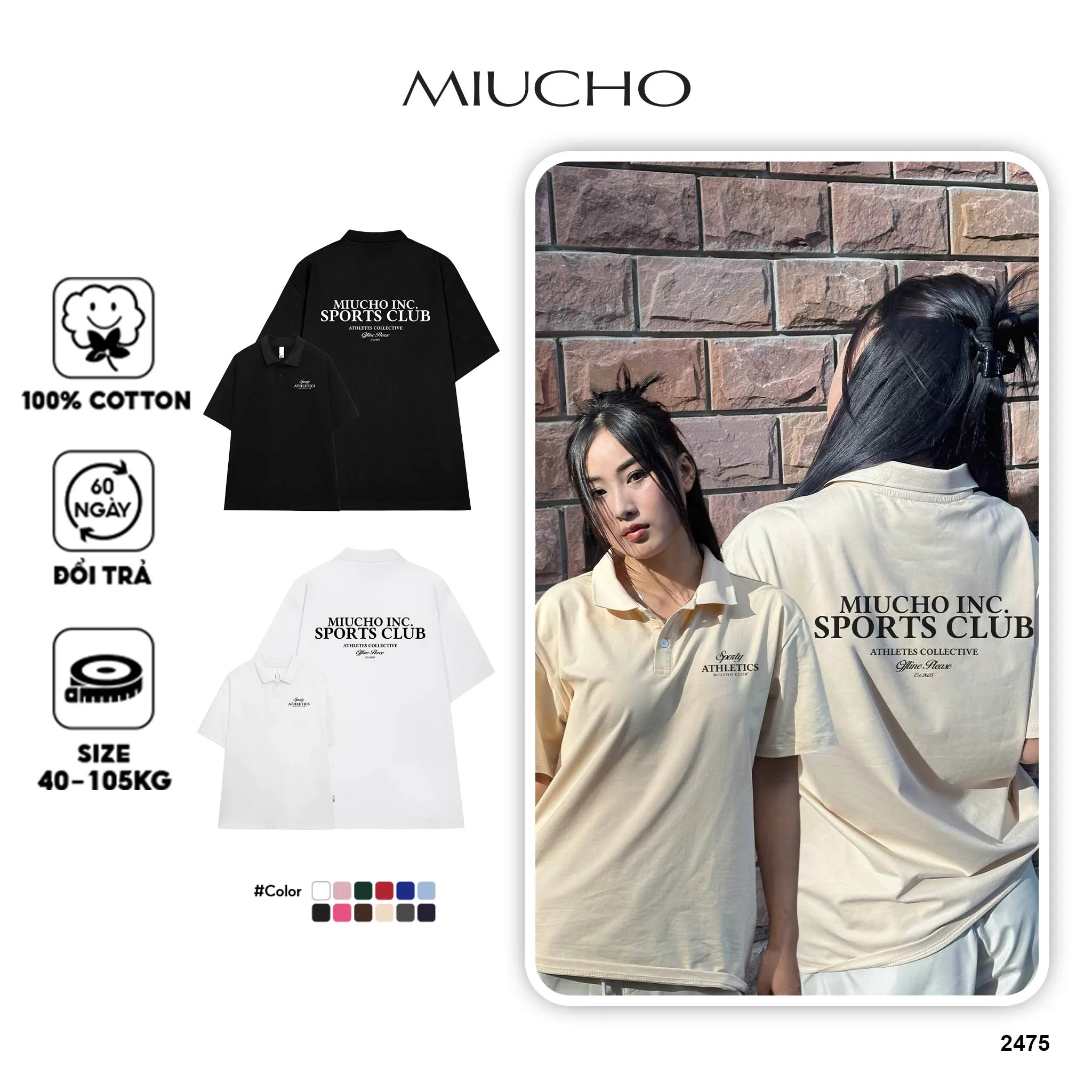Áo polo form rộng in typography 2475 Miucho vải cotton thoáng mát mềm mại tay ngắn cổ trụ
