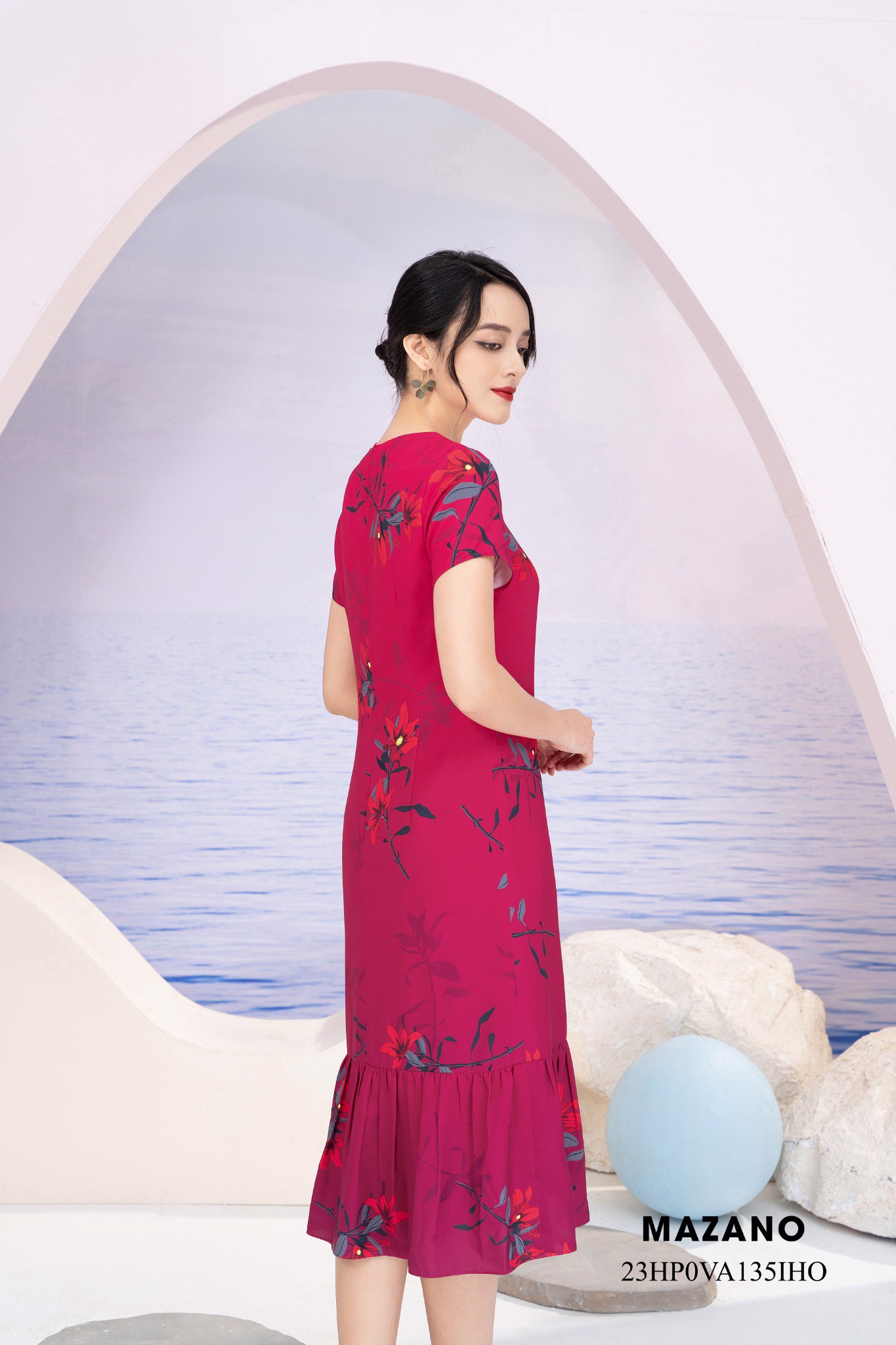 Váy Đầm suông Vải thô mỏng Họa tiết hoa in ombre Chân phối bèo Cổ tròn Tay ngắn Dài đến bắp chân_thumbnail_2