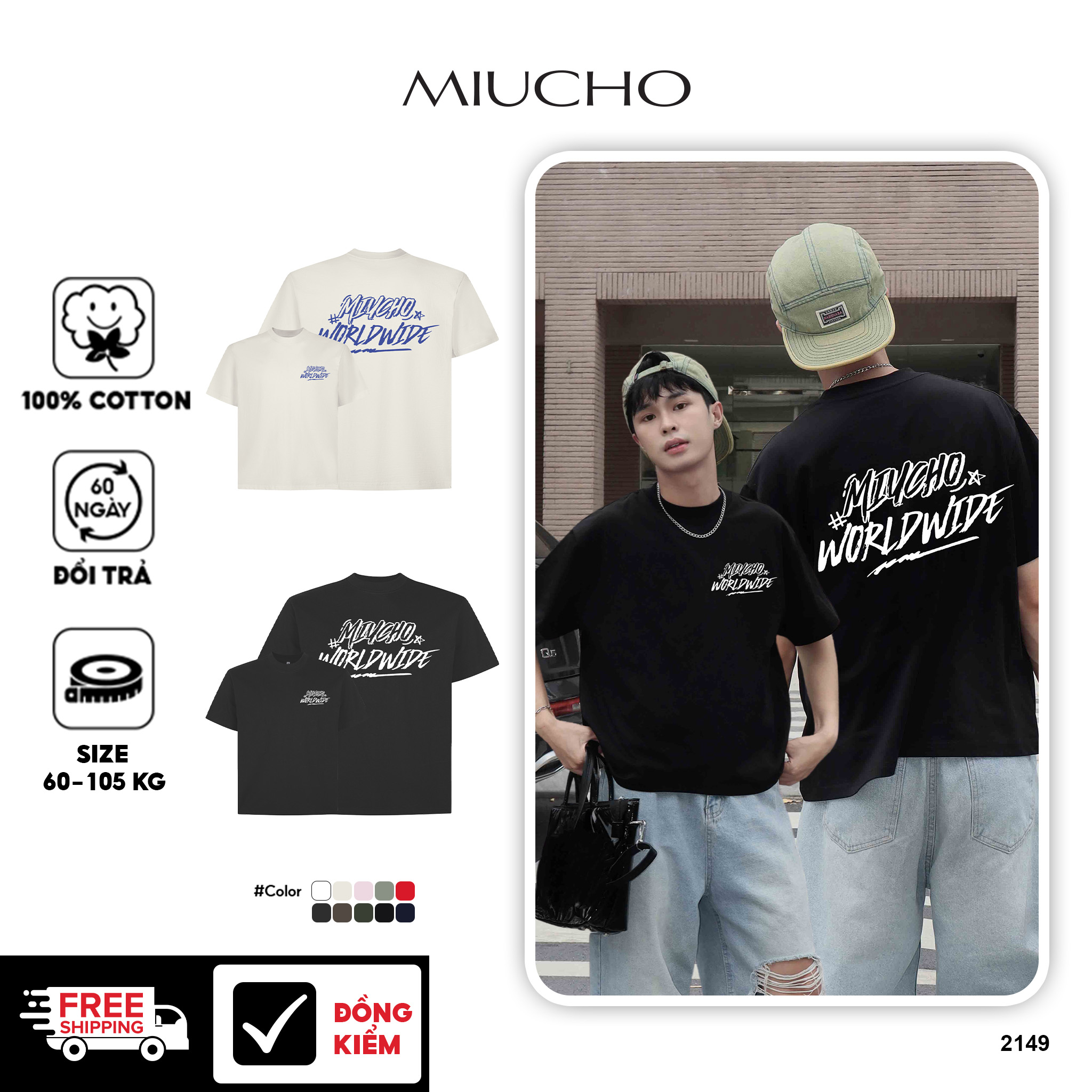 Áo phông nam world wide form boxy 2149 Miucho Club vải cotton 2c 250gsm cổ tròn đứng form in mix