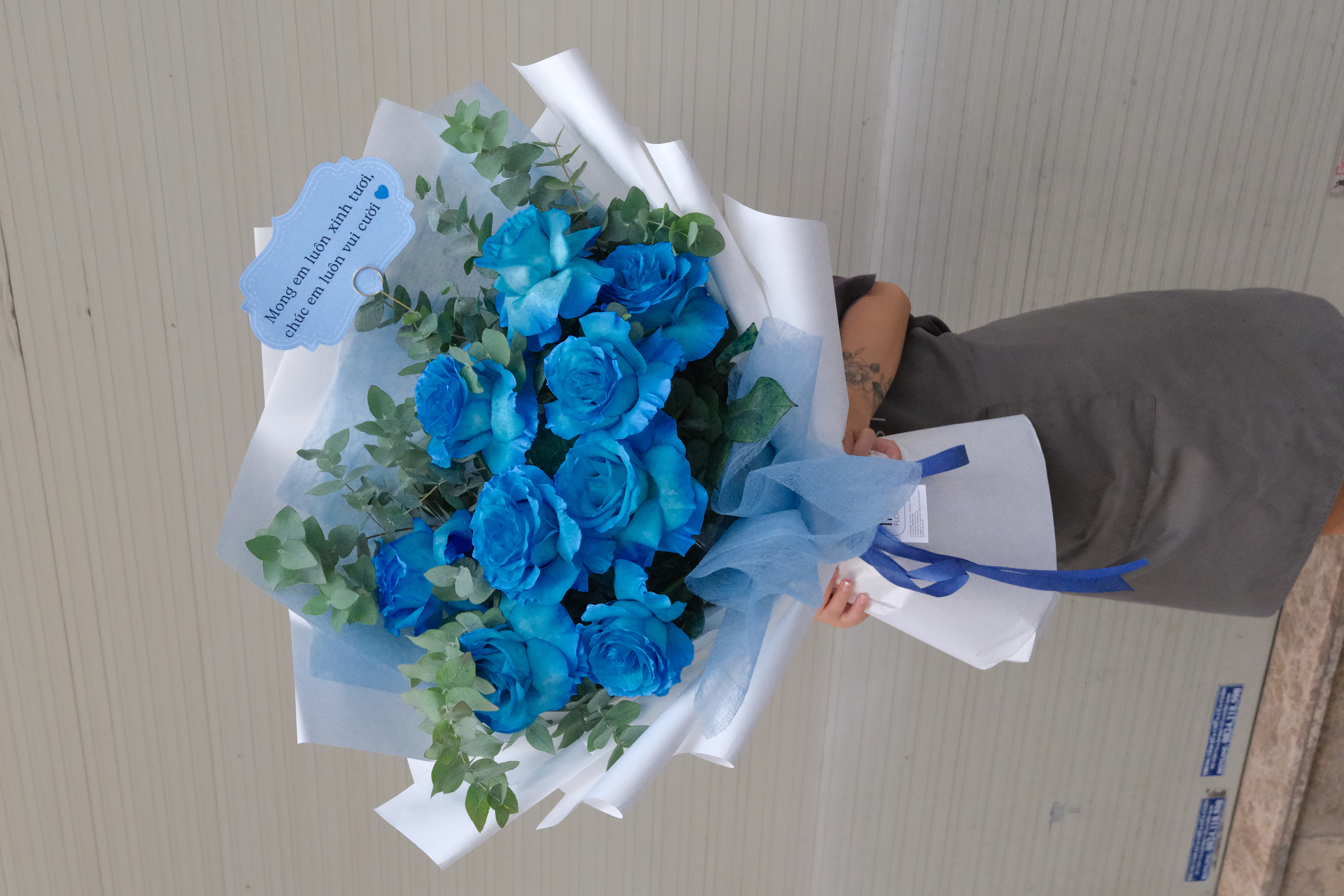 Bó hồng Ecuador Xanh Biển - 10B mix lá phụ