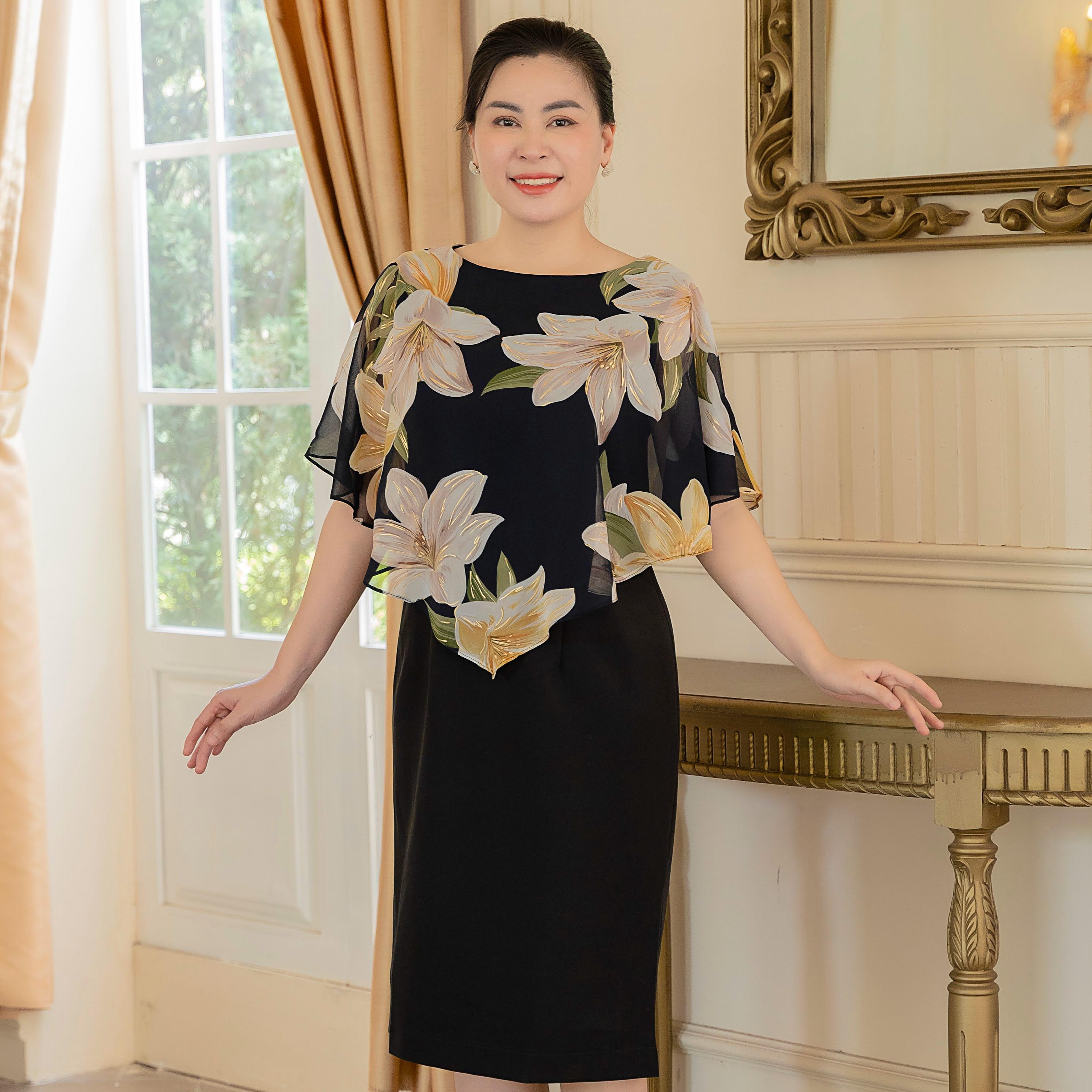 Đầm Trung Niên GUMOM U50 U60 Cao Cấp Cổ Tròn hoạ tiết Hoa Sang Trọng - Đầm quà tặng cho mẹ Nữ Women Dress Voan Voi Cotton