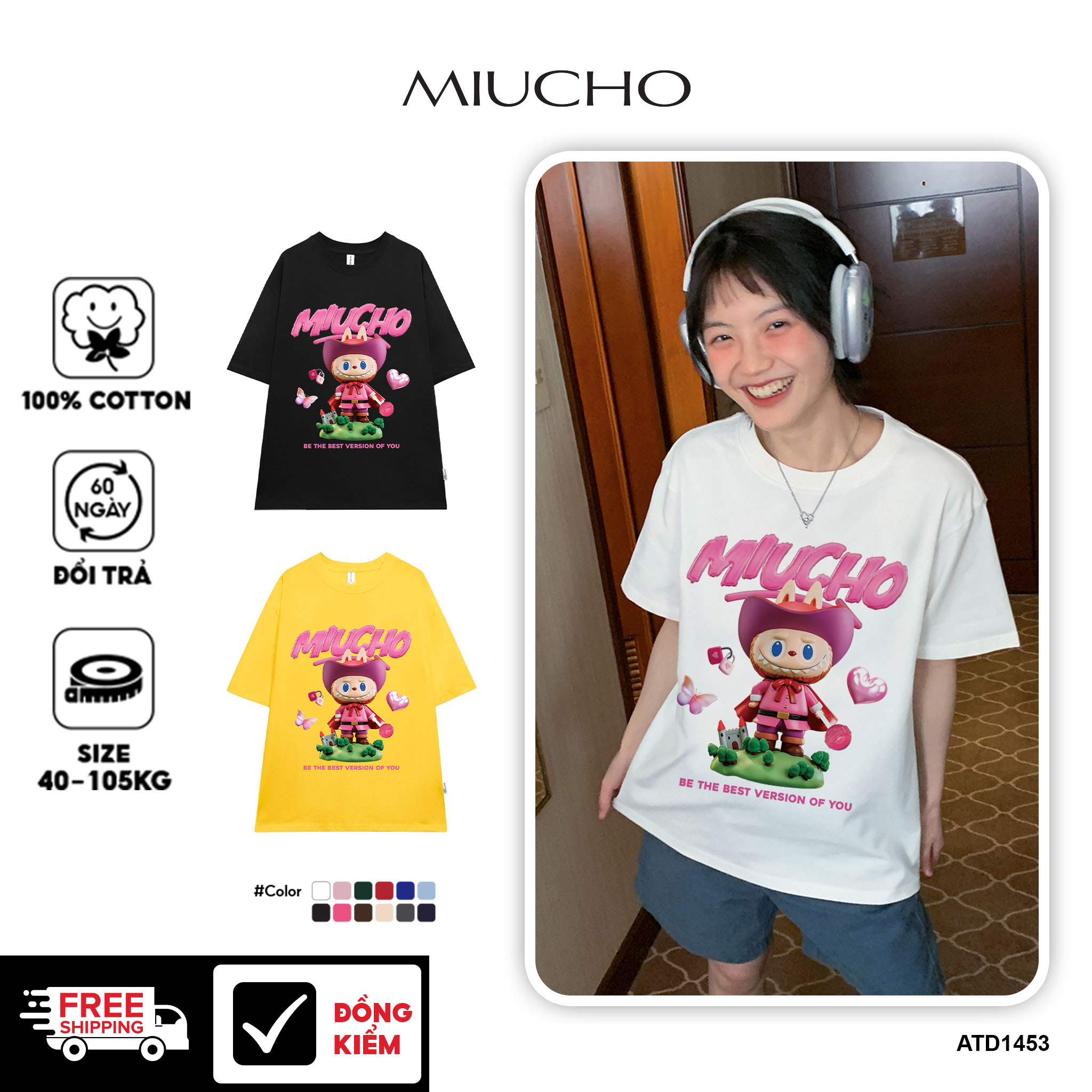 Áo thun labubu dễ thương form rộng nhiều màu ATD1453 Miucho vải cotton cổ tròn in mix