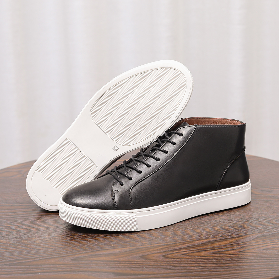 Giày thể thao cổ cao thời trang thu đông dành cho nam, da bò lớp 1 được làm thủ công đế mềm kiểu Anh Giày trắng thời trang cổ điển_thumbnail_2