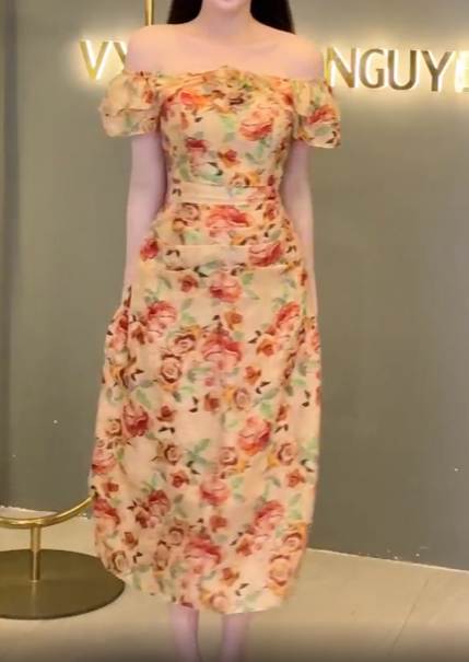 Đầm Trễ Vai Tơ Hoa Ngực Nhúm Eo_thumbnail_6