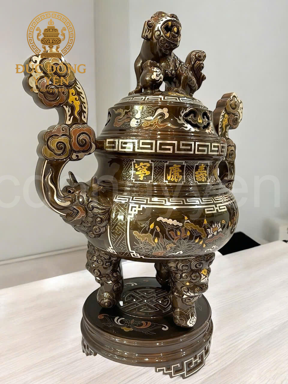 Bộ ngũ sự cao 60cm khảm ngũ sắc hoa văn khảm sen sắc nét_thumbnail_2