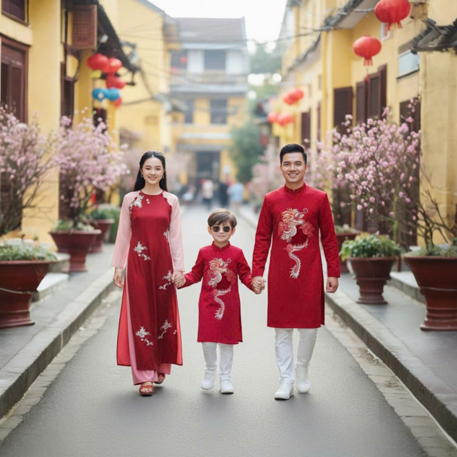 Áo Dài Nam Và Bé Trai Thêu Rồng Cách Tân Khóa Lưng Đỏ Đô N25-02