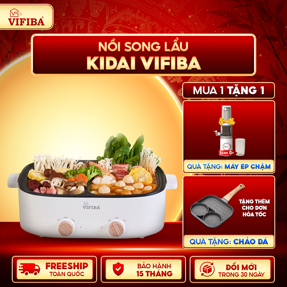 Nồi Lẩu 2 Ngăn Kidai Vifiba - Song Lẩu - TẶNG MÁY ÉP CHẬM