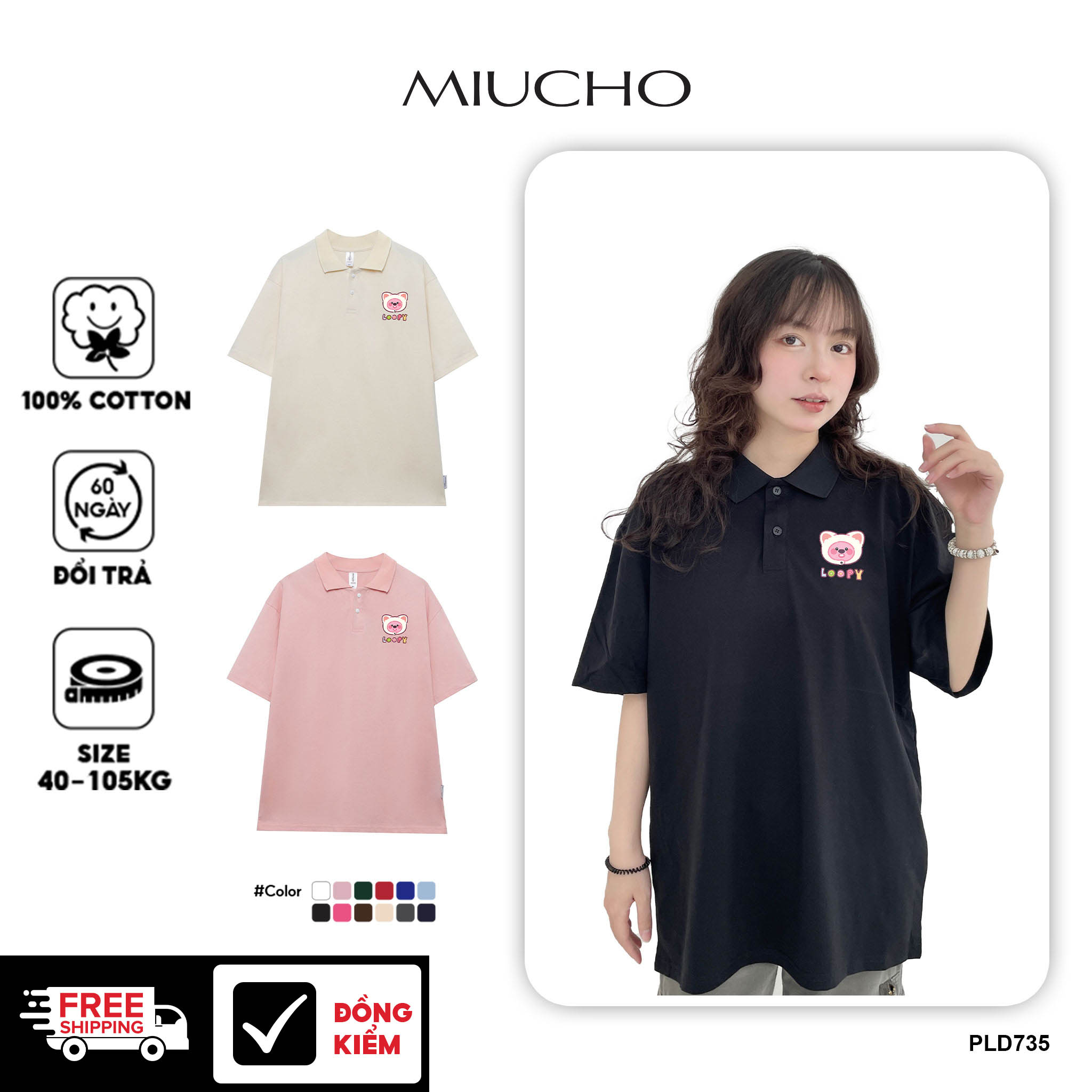 Áo polo loopy dễ thương unisex local brand form rộng PLD735 chất cotton Miucho in graphic