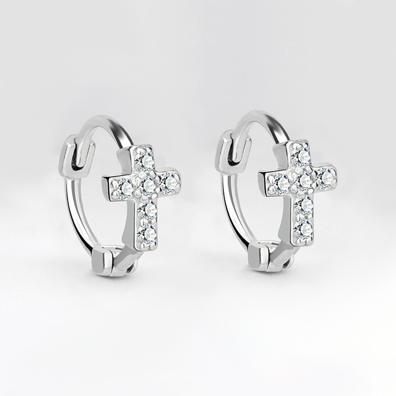 Khuyên tai Thánh Giá bạc unisex tròn nạm đá Zircon có chốt bấm/ trang sức Công Giáo KB02